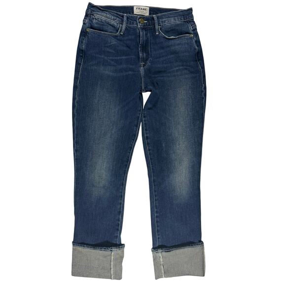 FRAME Le High Big Cuff Jeans Women’s 28 High Rise Straight Leg Dark Denim - Picture 2 of 8